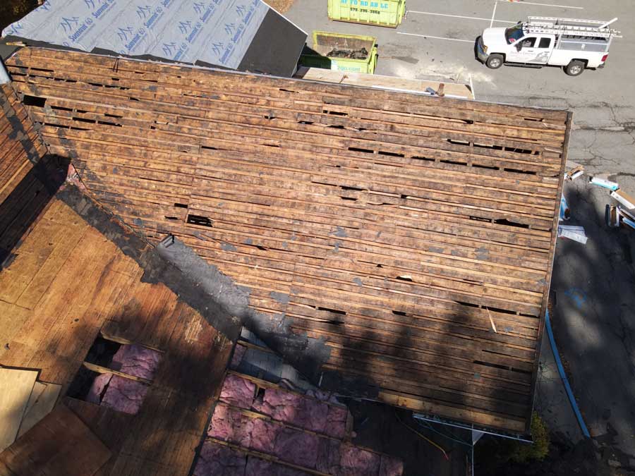 birds eye view of a roof replacement in progress